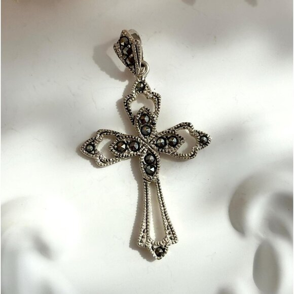 Handcrafted Cross Shaped Marcasite Religious Sterling Silver 925 Vintage Pendant - Picture 1 of 10